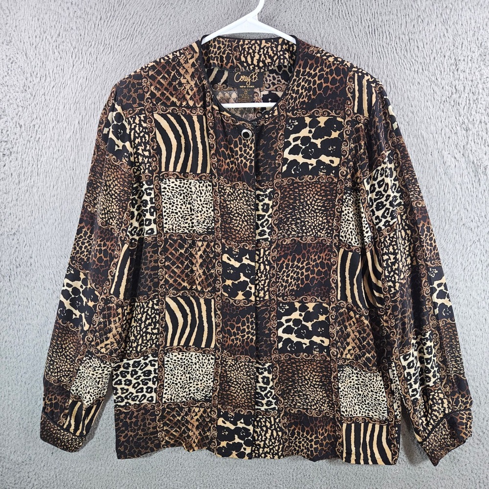 Corey B New York Womens  Size 10 Silk Animal Print Patchwork‎ Blouse Brown